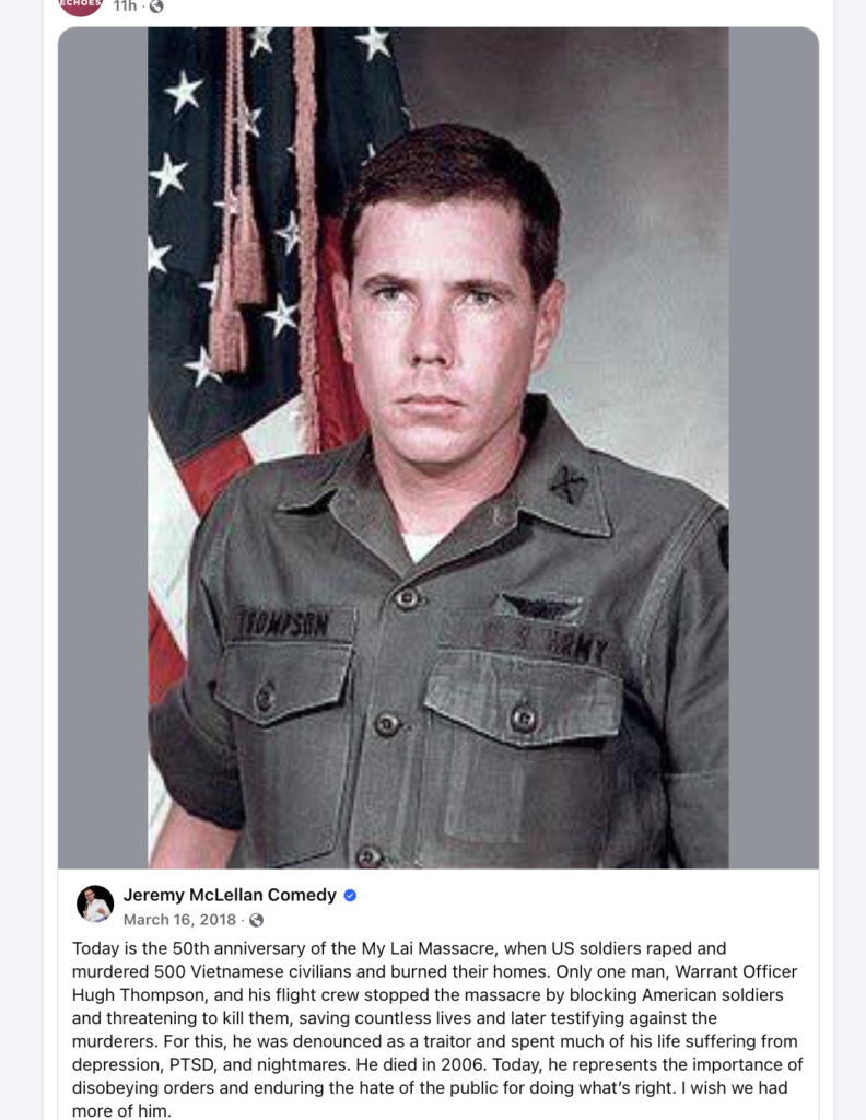 screen shot of a social media post featuring a portrait of a soldier with a caption about the My Lai massacre, in 1968, DEPLORABLE behavior by a small minority of men who were not properly held accountable for the horrors they inflicted on an unarmed village of civilians it was horrific and sadistic